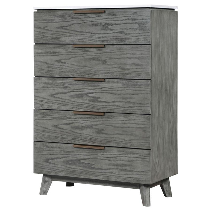 Nathan 5-drawer Chest White Marble and Grey