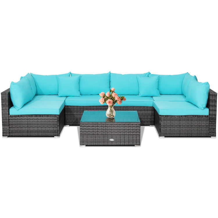 7 Pieces Patio Rattan Furniture Set with Sectional Sofa Cushioned