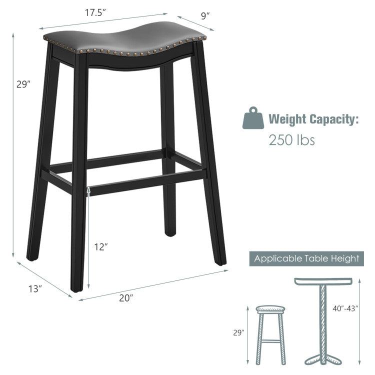 29 Inch Set of 2 Backless Wood Nailhead Barstools with PVC Leather Seat