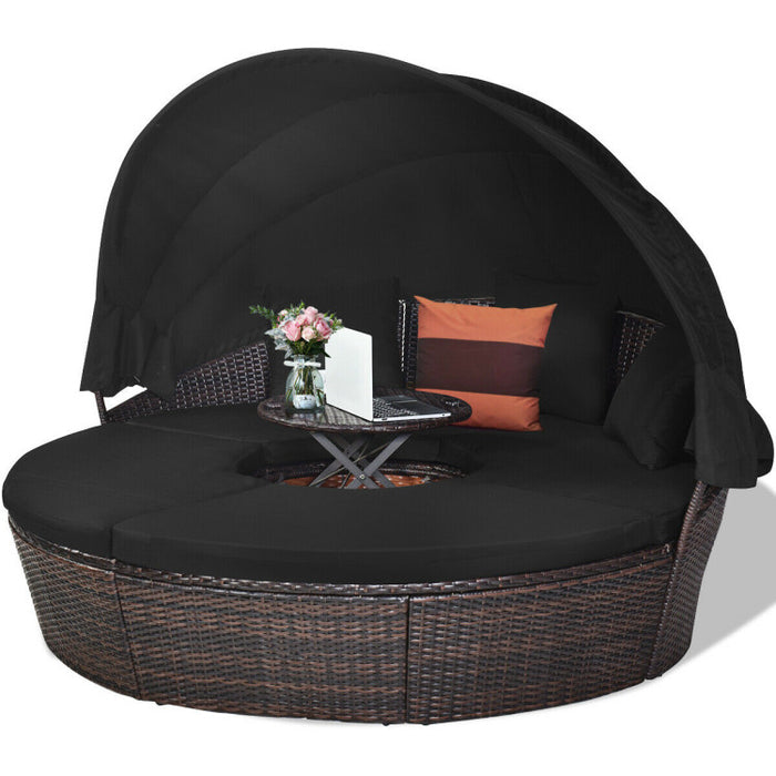 Outdoor Round Wicker Daybed with Retractable Canopy and Height Adjustable Coffee Table