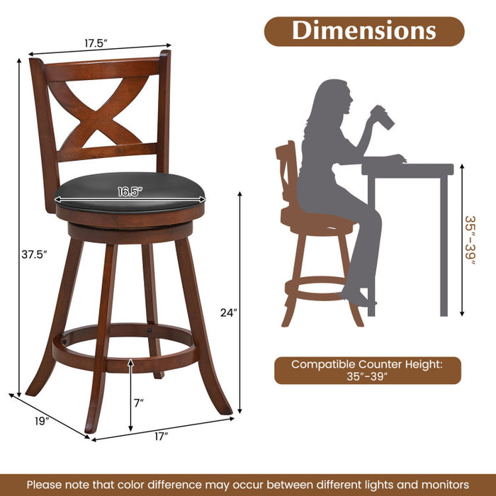 2 Pieces Classic Counter Height Swivel Bar Stool Set with X-shaped Open Back