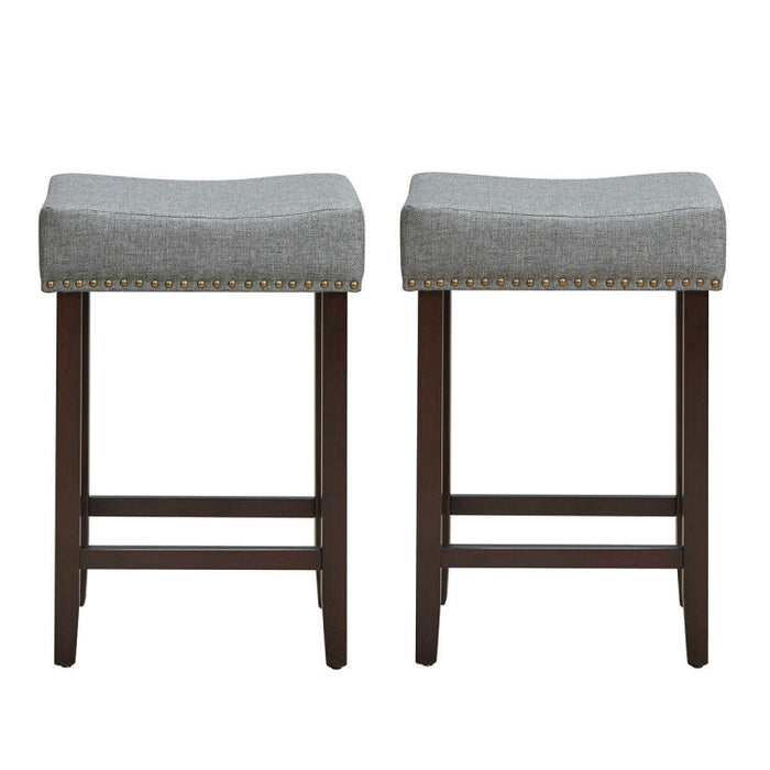 24 Inch 2 Pieces Nailhead Saddle Bar Stools with Fabric Seat and Wood Legs