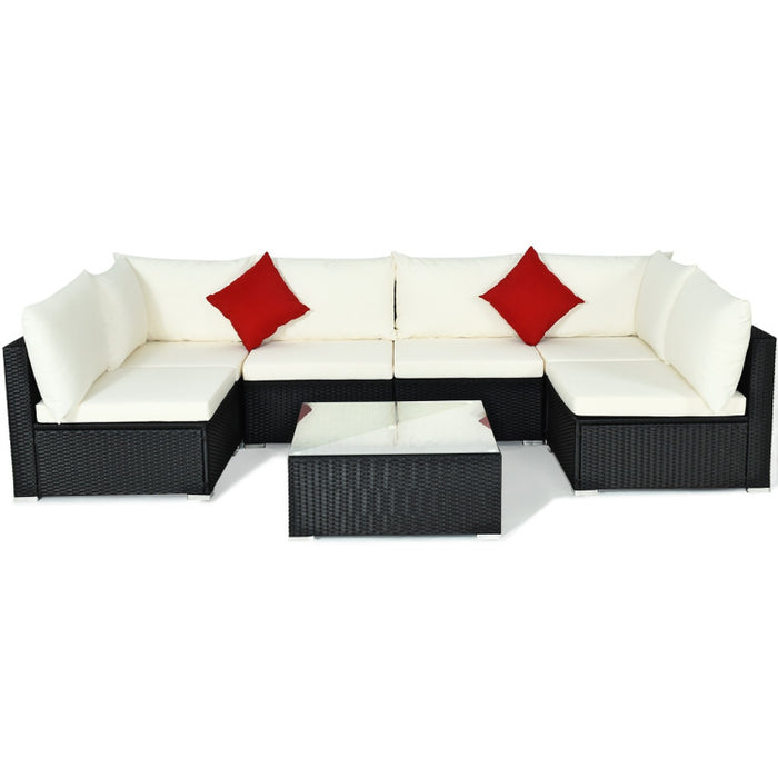 7 Pieces Sectional Wicker Furniture Sofa Set with Tempered Glass Top