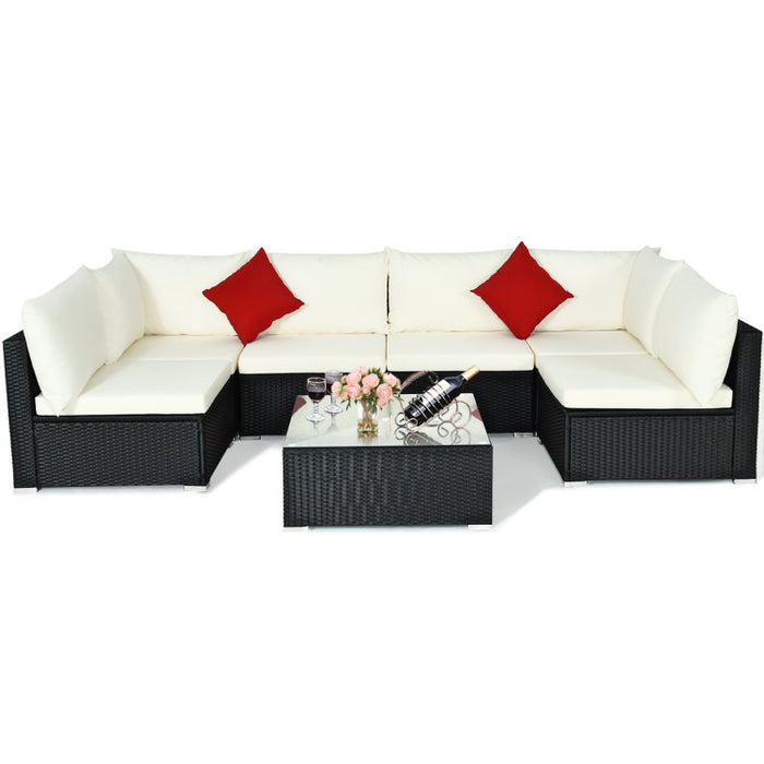 7 Pieces Sectional Wicker Furniture Sofa Set with Tempered Glass Top