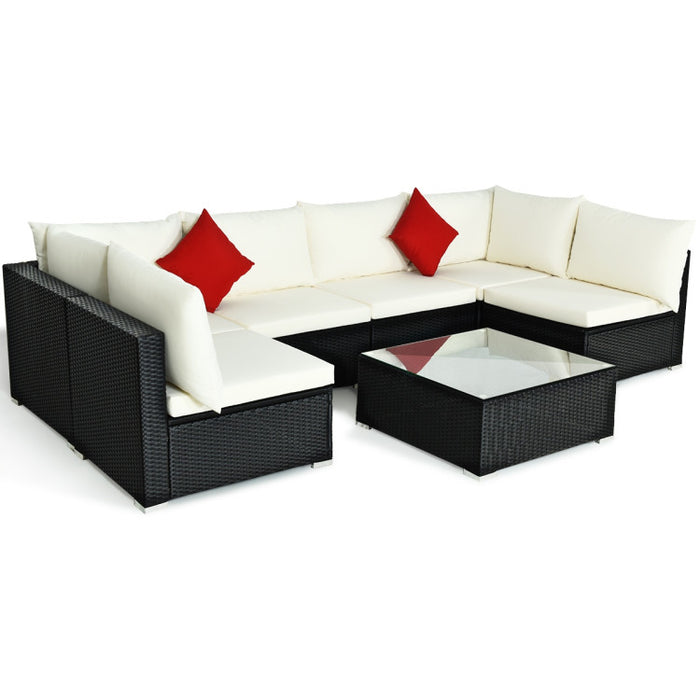 7 Pieces Sectional Wicker Furniture Sofa Set with Tempered Glass Top