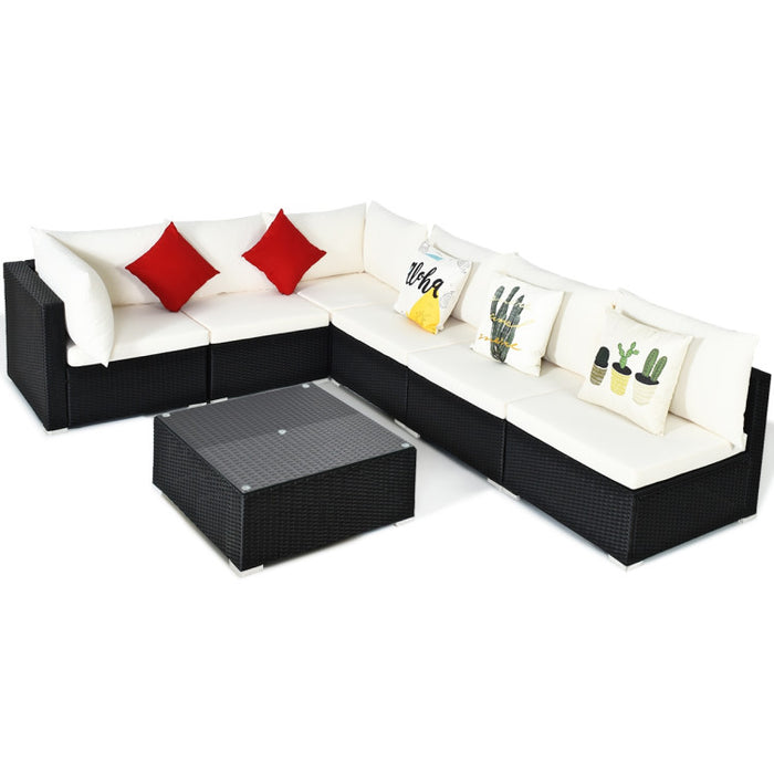 7 Pieces Sectional Wicker Furniture Sofa Set with Tempered Glass Top