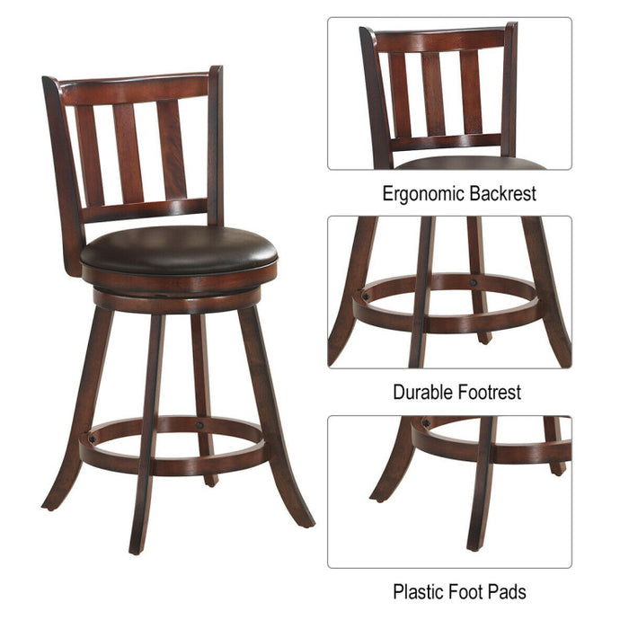 2 Pieces 360 Degree Swivel Wooden Counter Height Bar Stool Set with Cushioned Seat