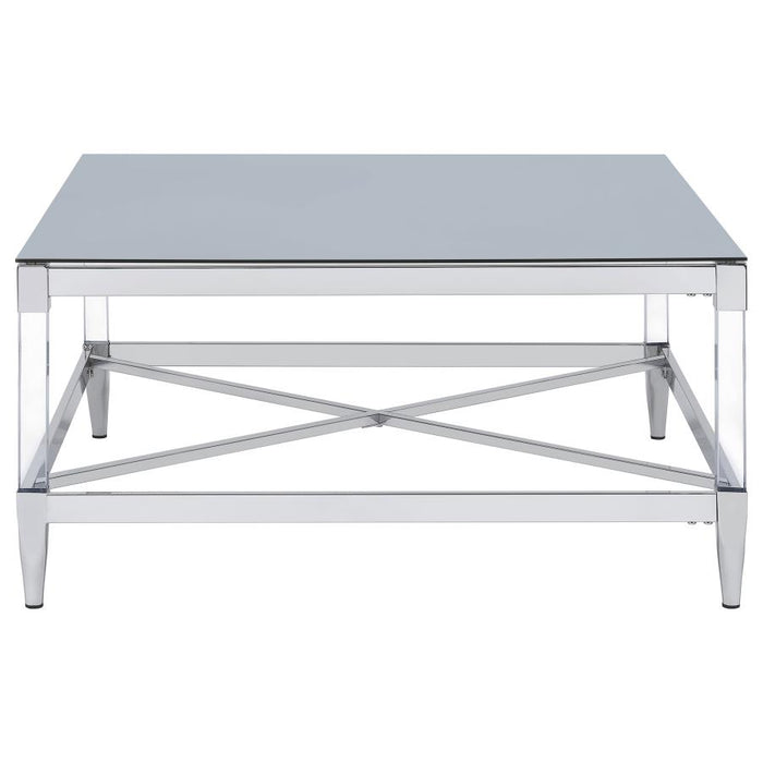 Lindley Square Coffee Table with Acrylic Legs and Tempered Mirror Top Chrome