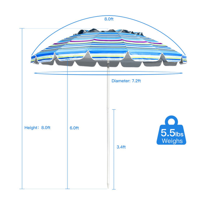 8 Feet Portable Beach Umbrella with Sand Anchor and Tilt Mechanism