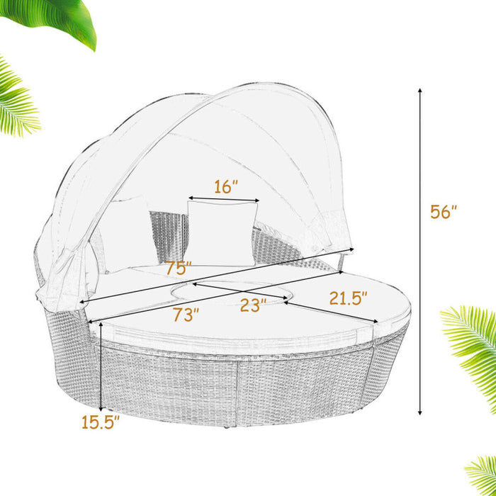 Outdoor Round Wicker Daybed with Retractable Canopy and Height Adjustable Coffee Table