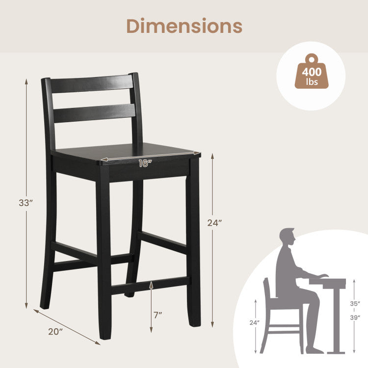 Wooden Bar Stools Set of 2 with Ergonomic Backrest and Footrest