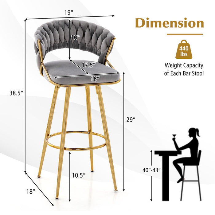 29 Inch Velvet Bar Stool Set of 2 with Woven Backrest and Gold Metal Legs