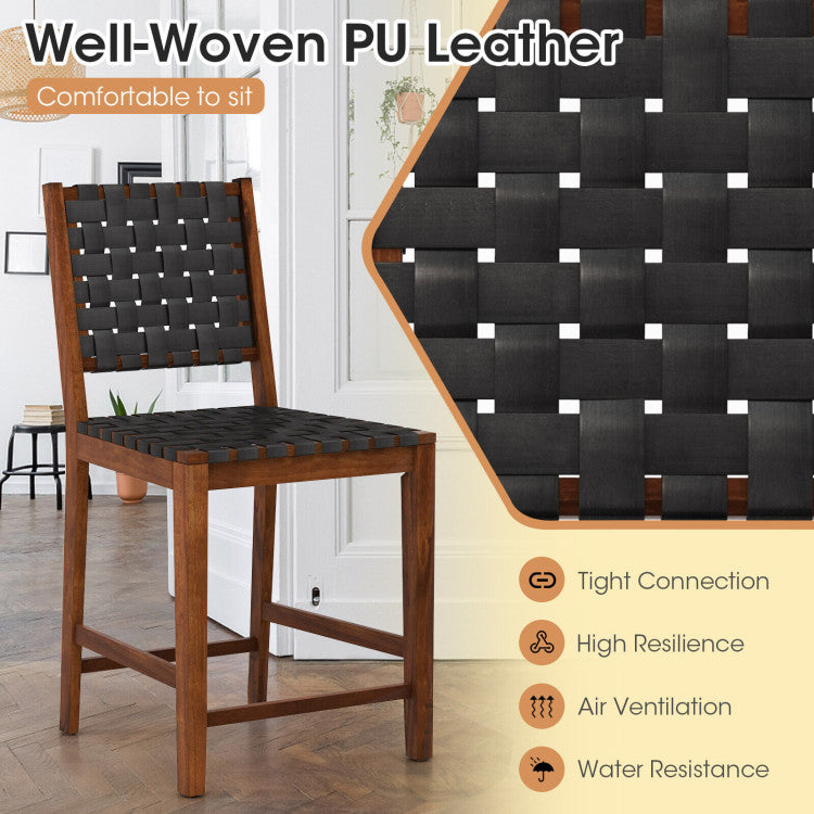 Set of 2 Woven Bar Stools with Faux PU Leather Straps