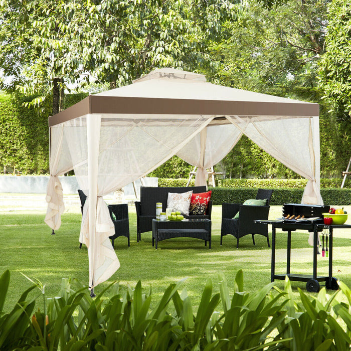 10 x 10 Feet Patio Canopy Gazebo with Neting and Double Tiered Roof