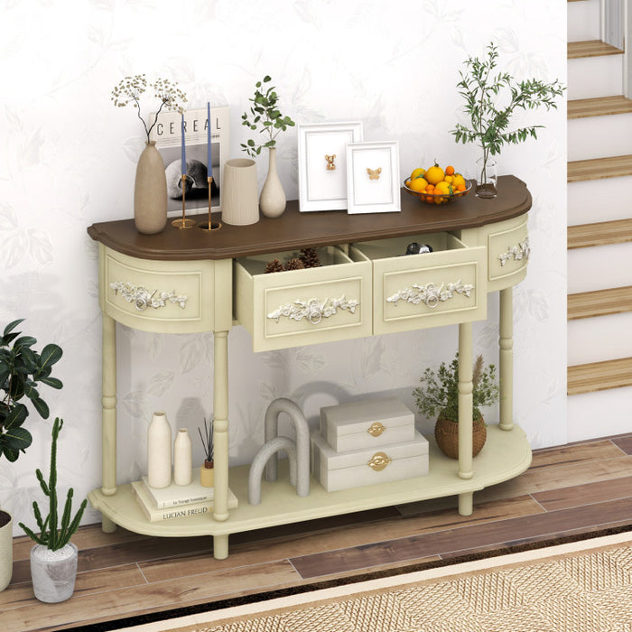 Retro Curved Console Table with Drawers and Solid Wood Legs