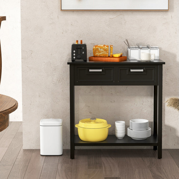 Narrow Console Table with Drawers and Open Storage Shelf