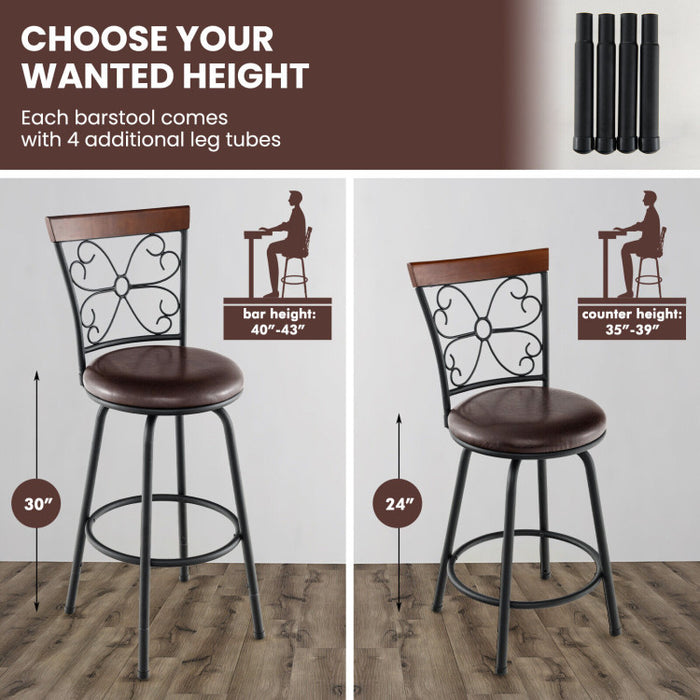 2 Pieces 24-30 Inch Adjustable PU Cushioned Swivel Barstools