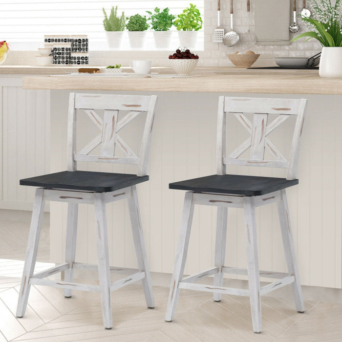 Set of 2 24 Inch Swivel Counter Height Bar Stools with Solid Wood Legs