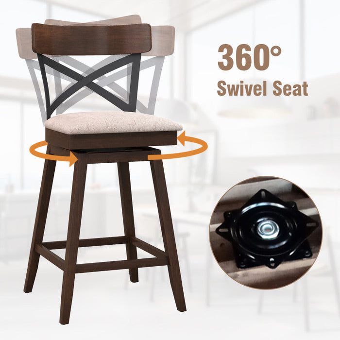 Set of 2 Wooden Swivel Bar Stools with Cushioned Seat and Open X Back