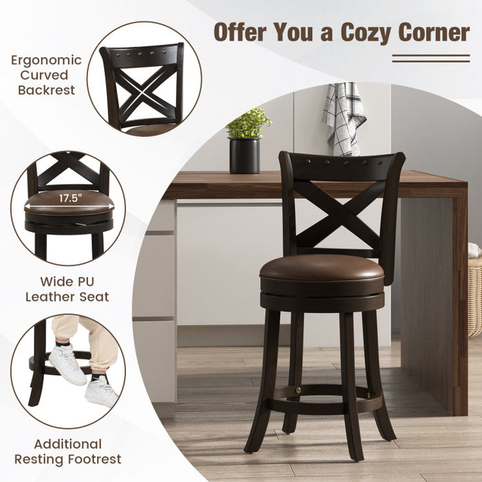 26/31 Inch Swivel Bar Stool with Curved Backrest PU Leather Seat and Footrest Brown