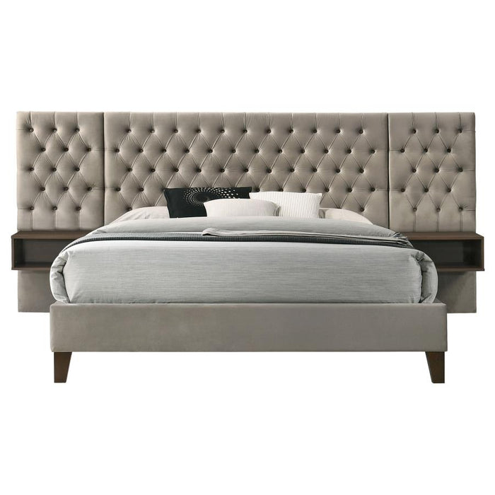 Marley Upholstered Platform Bed with Headboard Panels Light Brown