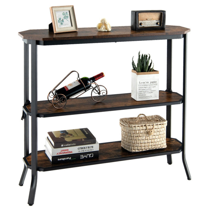 3-Tier Industrial Console Table with Open Storage Shelves and Steel Frame