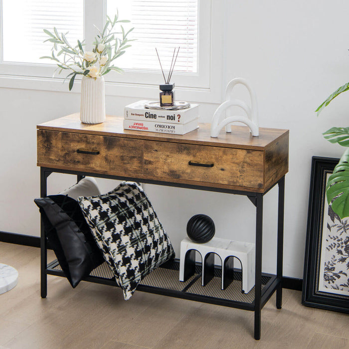 2 Drawers Industrial Console Table with Steel Frame for Small Space