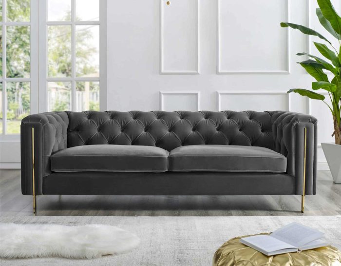 Charlene Velvet Button Tufted Rolled Arm Chesterfield Sofa