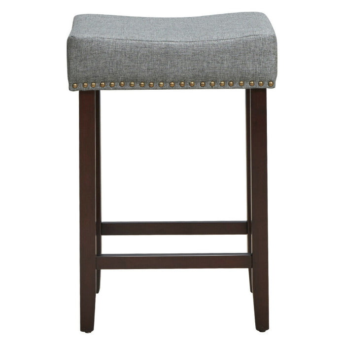 24 Inch 2 Pieces Nailhead Saddle Bar Stools with Fabric Seat and Wood Legs