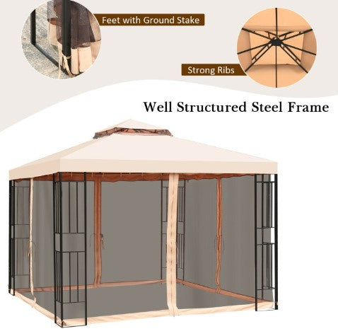 10 x 10 Feet 2-Tier Vented Metal Canopy with Mosquito Netting