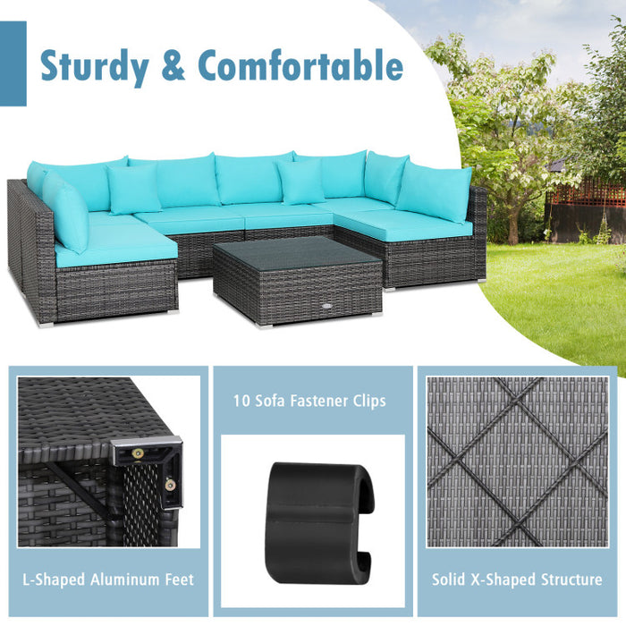 7 Pieces Patio Rattan Furniture Set with Sectional Sofa Cushioned