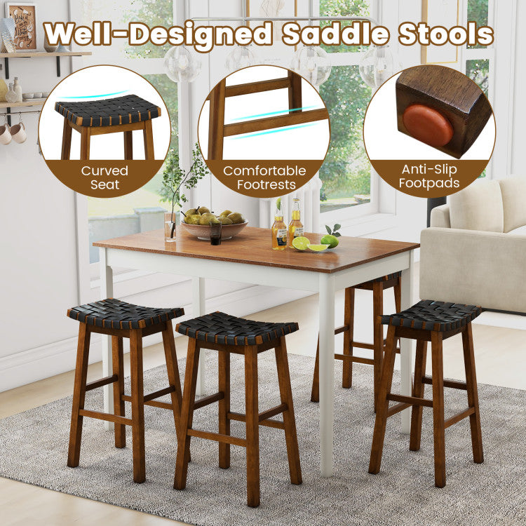 Faux PU Leather Bar Height Stools Set of 2 with Woven Curved Seat