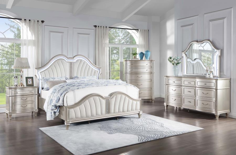 Evangeline Tufted Upholstered Platform Bed Ivory and Silver Oak