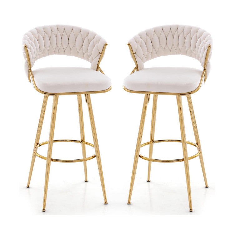 29 Inch Velvet Bar Stool Set of 2 with Woven Backrest and Gold Metal Legs
