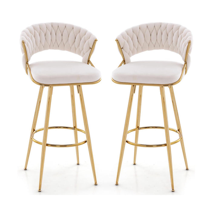 29 Inch Velvet Bar Stool Set of 2 with Woven Backrest and Gold Metal Legs