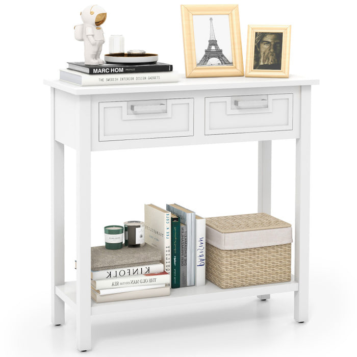 Narrow Console Table with Drawers and Open Storage Shelf