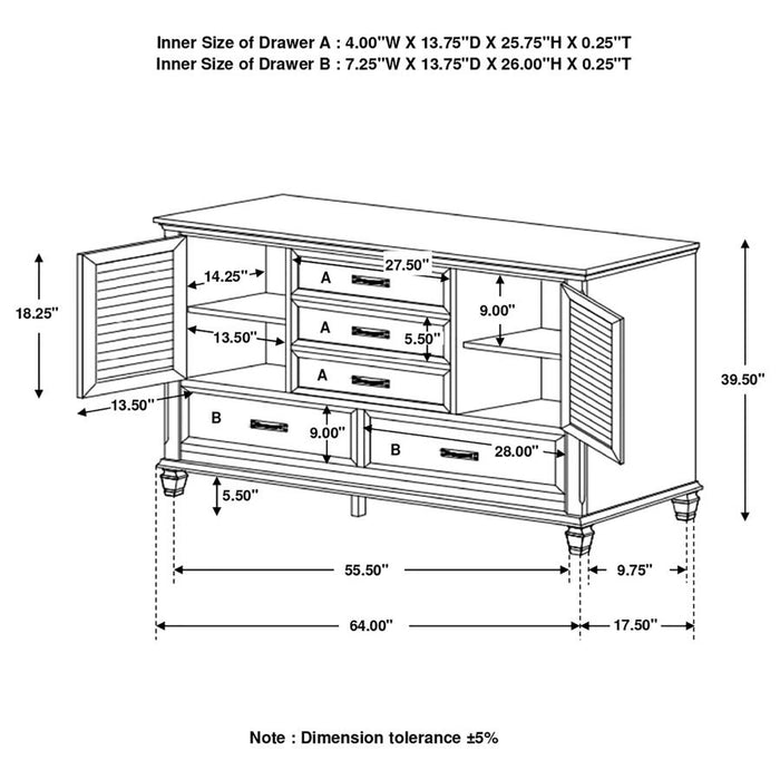 Franco 5-drawer Dresser with 2 Louvered Doors Burnished Oak