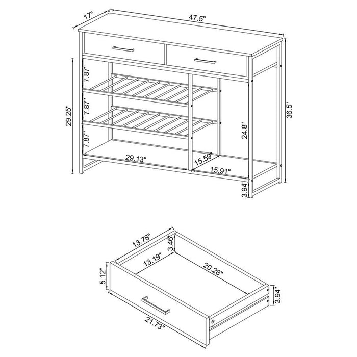 Melrose 2-shelf Wine Cabinet with 2 Drawers Gray Washed Oak and Chrome