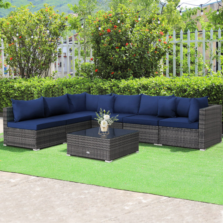7 Pieces Patio Rattan Furniture Set with Sectional Sofa Cushioned