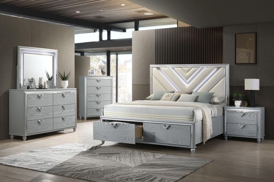 Veronica Eastern King Platform Storage Bed with Upholstered LED Headboard Light Silver