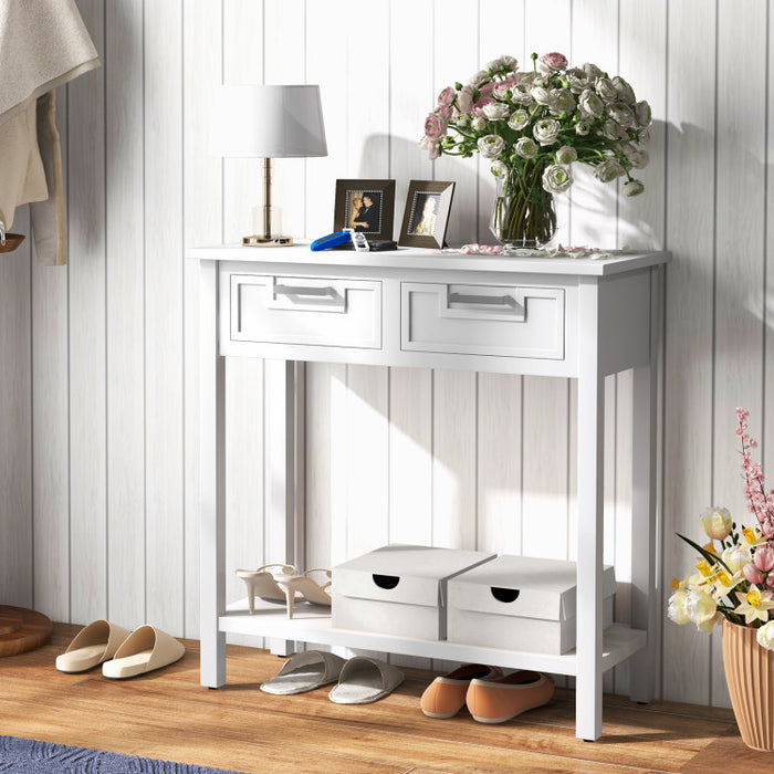 Narrow Console Table with Drawers and Open Storage Shelf