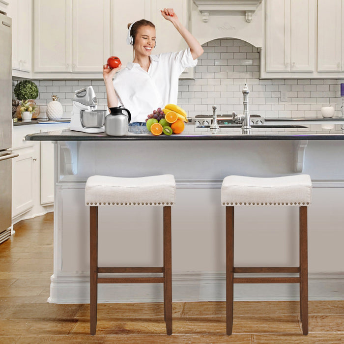 2 Pieces 29 Inch Backless Counter Height Stools with Brass Nail Head Studs