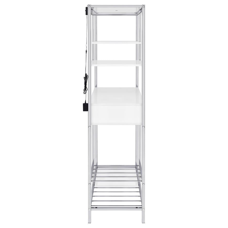 Figueroa 5-shelf Wine Cabinet with Storage Drawer White High Gloss and Chrome