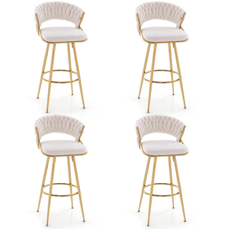 29 Inch Velvet Bar Stool Set of 2 with Woven Backrest and Gold Metal Legs