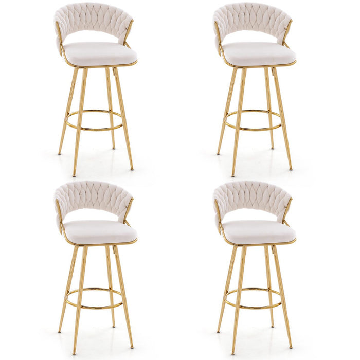 29 Inch Velvet Bar Stool Set of 2 with Woven Backrest and Gold Metal Legs