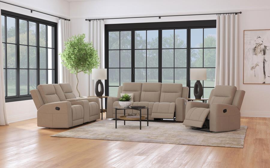 Brentwood Upholstered Motion Reclining Loveseat With Console Taupe