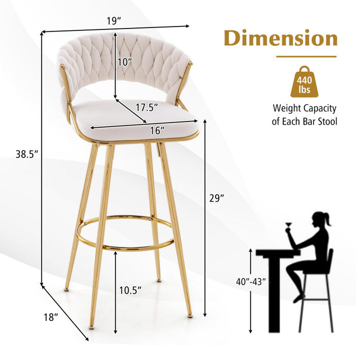 29 Inch Velvet Bar Stool Set of 2 with Woven Backrest and Gold Metal Legs