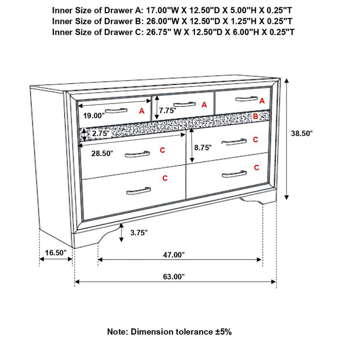 Miranda 7-drawer Dresser White and Rhinestone