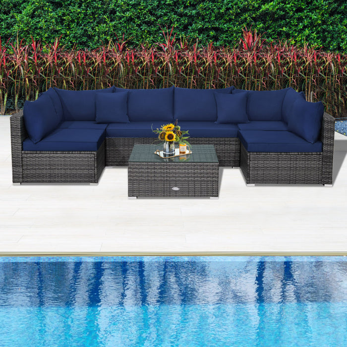 7 Pieces Patio Rattan Furniture Set with Sectional Sofa Cushioned