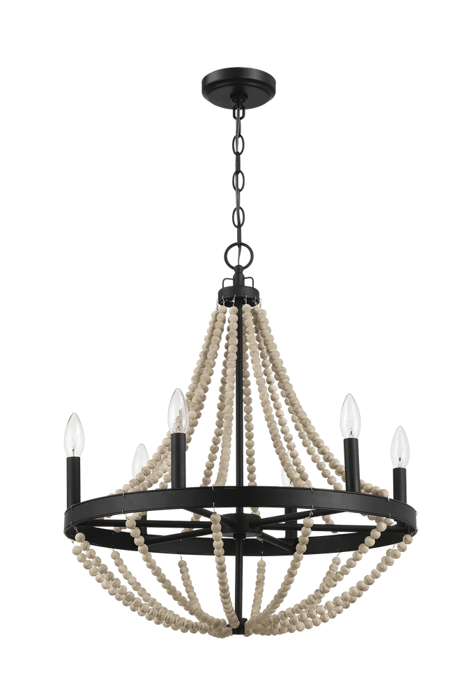 Starry Wood Chandelier Farmhouse Six Candle Light Wood Beaded Black Pendant Light for Dining Room - West Lamp